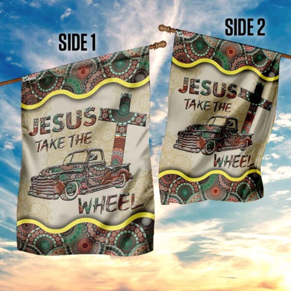 Vintage Mandala Jesus Take The Wheel House Flag – Christian Garden Banner