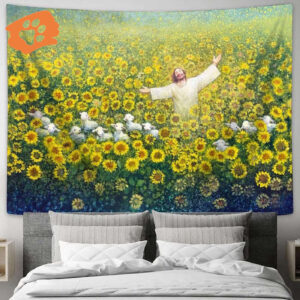 Jesus The Lambs And Sunflower Tapestry - Large Christian Religious Art Print
