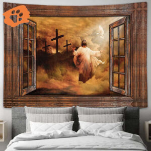 Jesus Rugged Cross Heaven s Light Tapestry - Christian Wall Art Decor with Bible Verse
