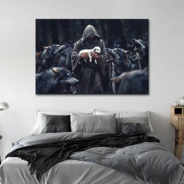 Jesus The Shepherd Protects The Lamb From The Wolves Canvas Print