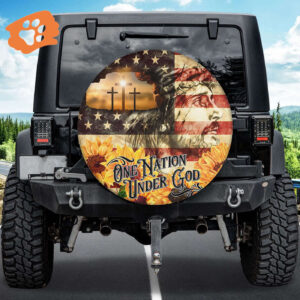 Vintage Jesus USA Flag Spare Tire Cover Sunflower One Nation Under God 27 -34 Protector