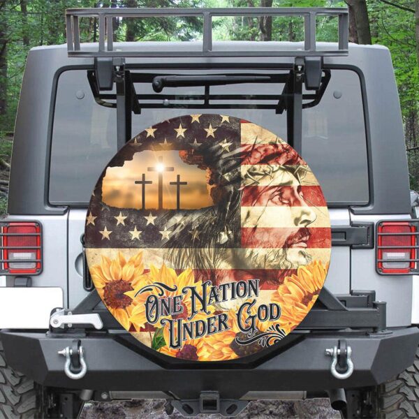 Vintage Jesus USA Flag Spare Tire Cover Sunflower One Nation Under God 27 -34 Protector