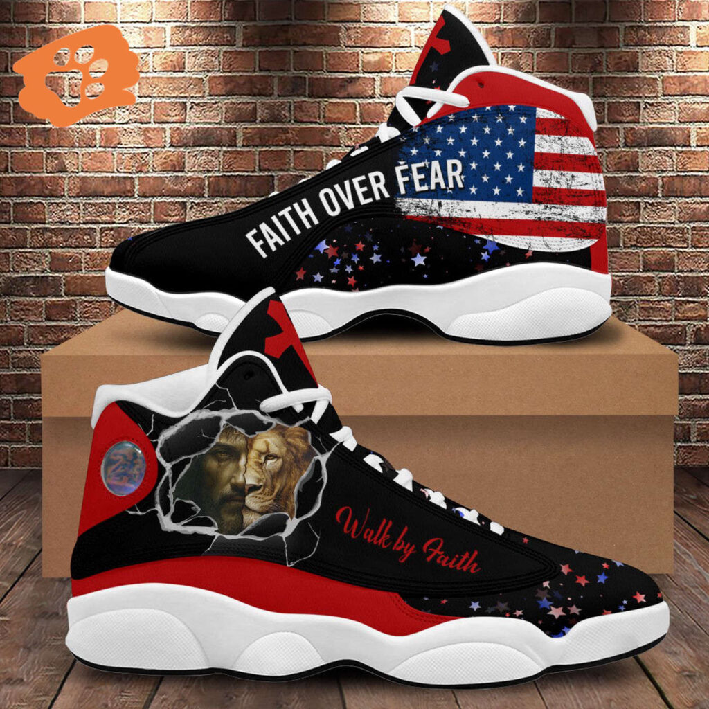 Jesus Walk By Faith Basketball Shoes, Christian Lion American Flag Running Shoes, Faith Over Fear, Religious Gift Jesus Walk By Faith Basketball Shoes, Christian Lion American Flag Running Shoes, Faith Over Fear, Religious Gift