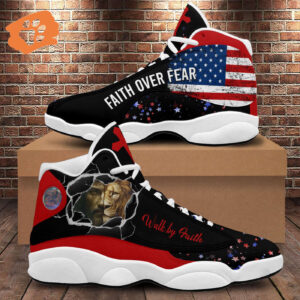 Jesus Walk By Faith Basketball Shoes, Christian Lion American Flag Running Shoes, Faith Over Fear, Religious Gift