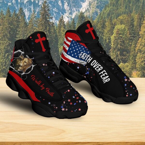Jesus Walk By Faith Basketball Shoes, Christian Lion American Flag Running Shoes, Faith Over Fear, Religious Gift