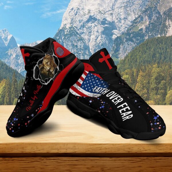 Jesus Walk By Faith Basketball Shoes, Christian Lion American Flag Running Shoes, Faith Over Fear, Religious Gift