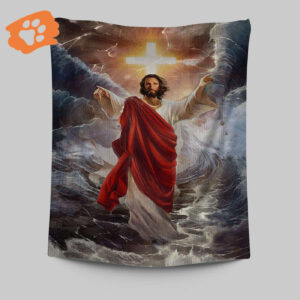 Jesus Walks On Water Cross Light Wall Art Tapestry - Christian Portrait Print for Christian Wall Decor