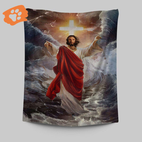 Jesus Walks On Water Cross Light Wall Art Tapestry – Christian Portrait Print for Christian Wall Decor