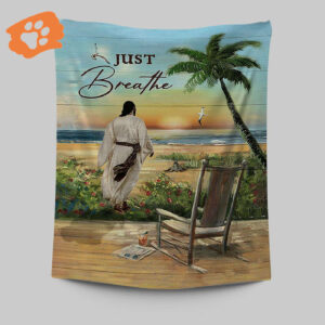 Jesus Walks Sunset Beach Tapestry - Christian Wall Art for Religious Home Decor