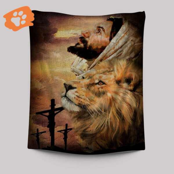 Jesus Watercolor Lion Tapestry: Cross Artwork for Home Decor