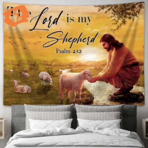 Jesus With Lamb Tapestry: The Lord Is My Shepherd Sunset Art for Living Room Bedroom