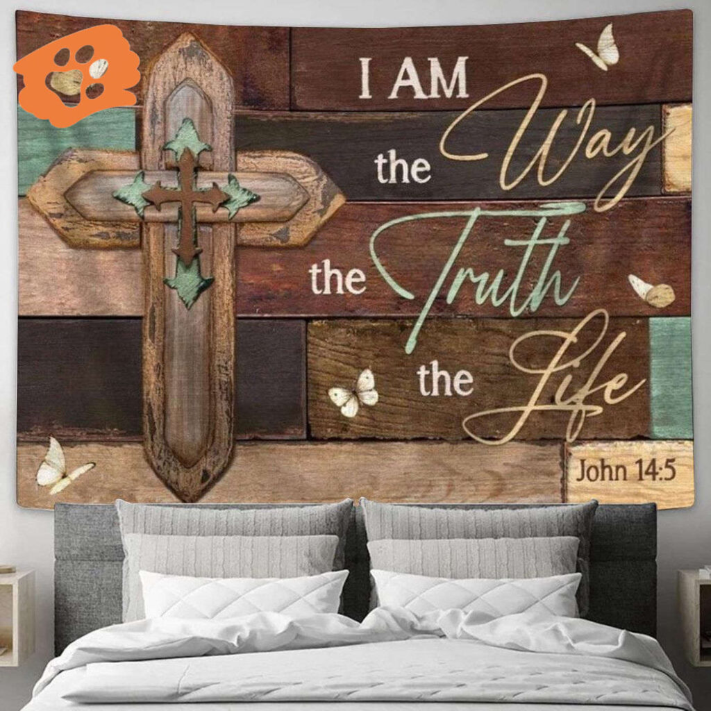 Jesus Wooden Cross Tapestry: The Way The Truth The Life – Perfect for Living Room & Bedroom Jesus Wooden Cross Tapestry: The Way The Truth The Life – Perfect for Living Room & Bedroom