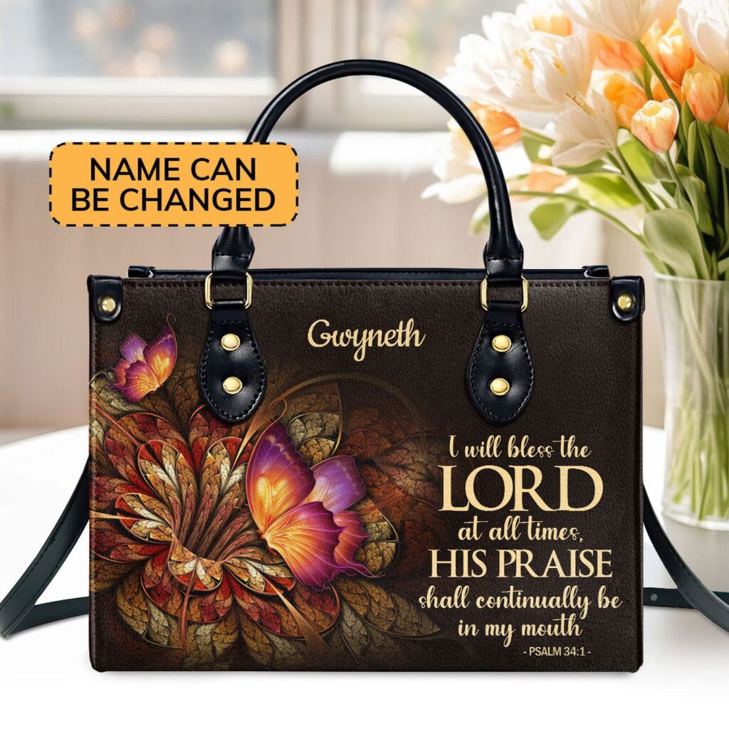 Custom Jesuspirit Leather Handbag Flower & Butterfly Design Psalm 34:1 Gift Custom Jesuspirit Leather Handbag Flower & Butterfly Design Psalm 34:1 Gift
