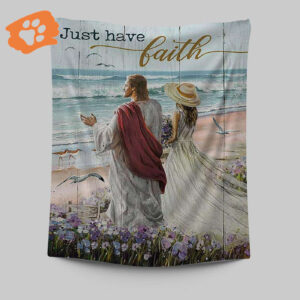 Faithful Journey: Jesus Blue Ocean Tapestry Wall Art - Christian Prints & Bible Verse Tapestry