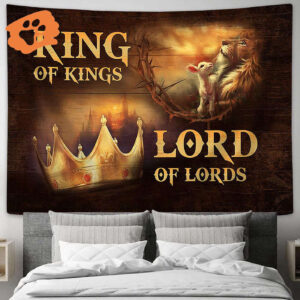 Golden Crown Jesus Lion and Lamb Tapestry - Christian Wall Art Decor with Bible Verse