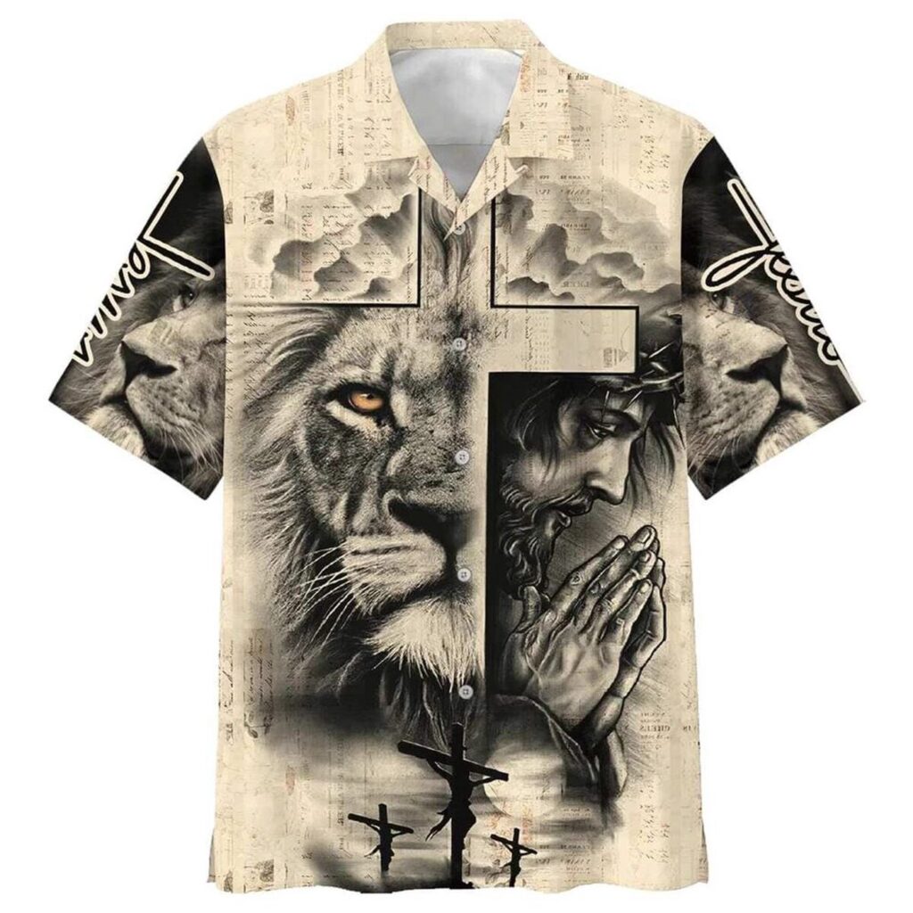 Lion And Jesus Christian Faith Cross Hawaiian Shirt for Men – Gift for Christian Lion And Jesus Christian Faith Cross Hawaiian Shirt for Men – Gift for Christian