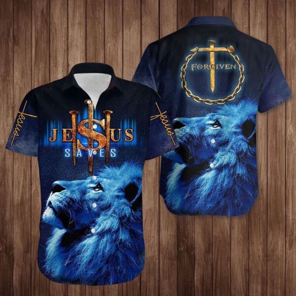 Lion Cross Jesus Saves Hawaiian Shirt – Forgiven Christian Faith Shirt for Men and Women
