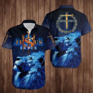 Lion Cross Jesus Saves Hawaiian Shirt - Forgiven Christian Faith Shirt for Men and Women