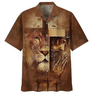 Lion Jesus Pray Cross Christian Hawaiian Shirt for Men Gift for Christian Faith Religious Shirt