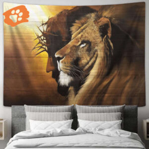 Lion of Judah and Jesus Large Tapestry - Christian Religious Art Print