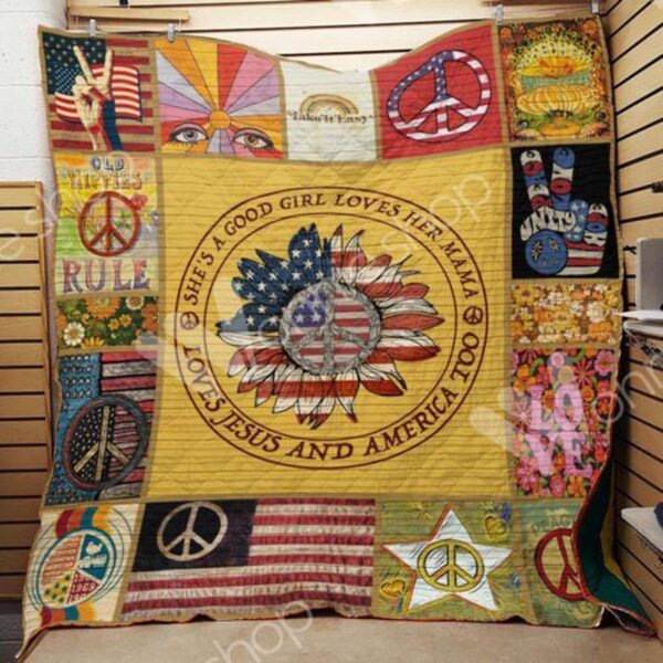Loves Jesus And America Too Hippie Fleece Quilt Blanket Premium – Patriotic Christian Home Decor