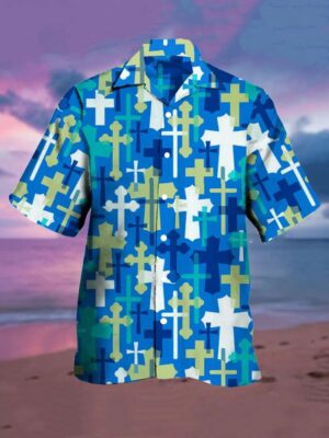 Men s Easter Jesus Crucifix Hawaiian Shirt - Casual Short Sleeve Print
