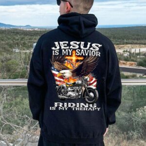 Motorcycle USA Flag Shirt & Jesus Is My Savior Hoodie Speed Lover Gifts 3
