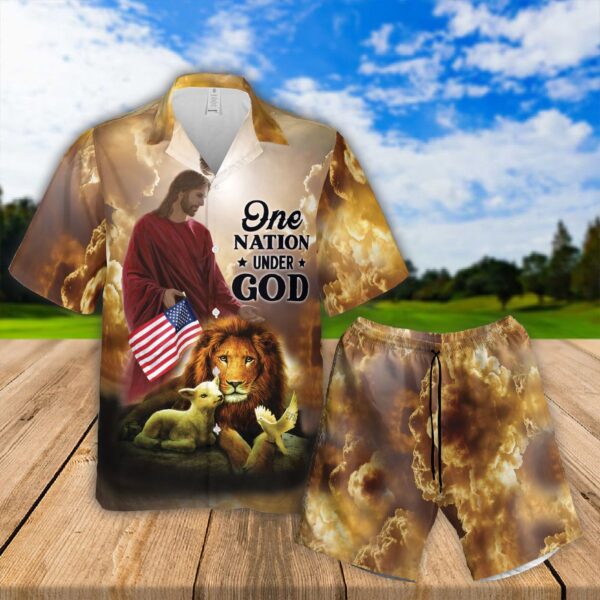 Jesus Lion Quote Hawaiian Shirt Set Christian Vibes One Nation Under God Gift