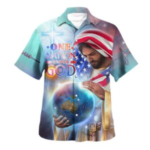 Jesus Holding Earth American Flag Hawaiian Shirt - Religious Independence Day Gift