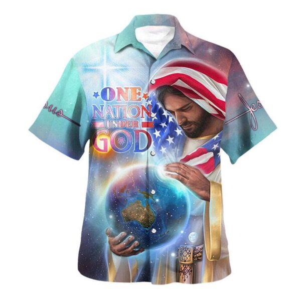 Jesus Holding Earth American Flag Hawaiian Shirt – Religious Independence Day Gift
