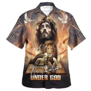 Men s Christian Hawaiian Shirt - One Nation Under God Jesus Lion Cross - Perfect Gift for Christian