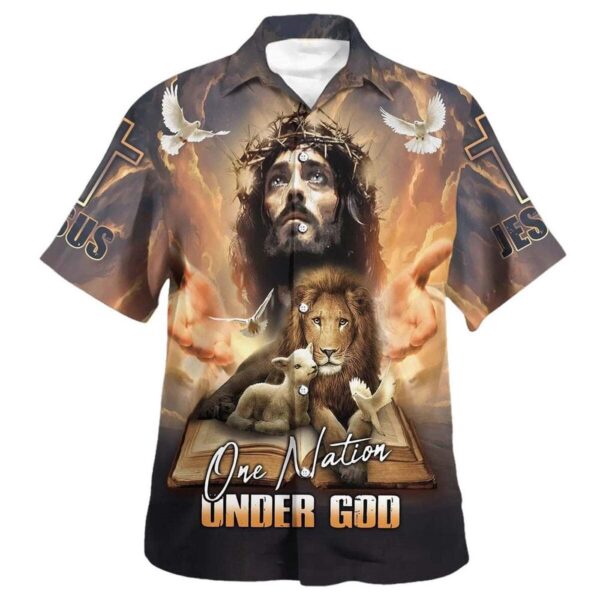 Men s Christian Hawaiian Shirt – One Nation Under God Jesus Lion Cross – Perfect Gift for Christian