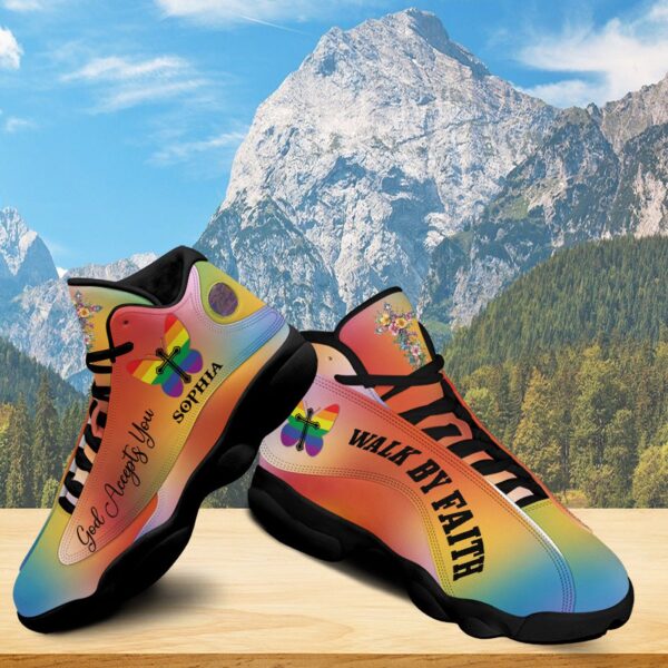 Personalized God Accept You Basketball Shoes, LGBT Walk By Faith Running Shoes, Jesus Cross Footwear Unisex Gift