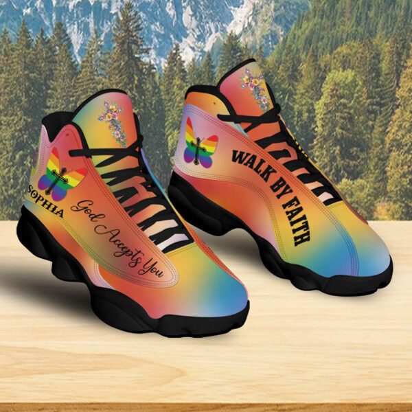 Personalized God Accept You Basketball Shoes, LGBT Walk By Faith Running Shoes, Jesus Cross Footwear Unisex Gift