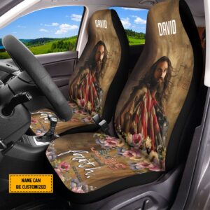 Custom Jesus Flower American Flag Car Seat Cover - Faith Front Protectors Car Decor 4th of July Gift 1