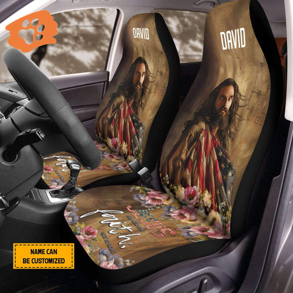 Personalized Jesus flower American Flag Car Seat Cover, For We Live By Faith Not By Sight Front Protectors, Car Decor, 4th Of July Gift Personalized Jesus flower American Flag Car Seat Cover, For We Live By Faith Not By Sight Front Protectors, Car Decor, 4th Of July Gift