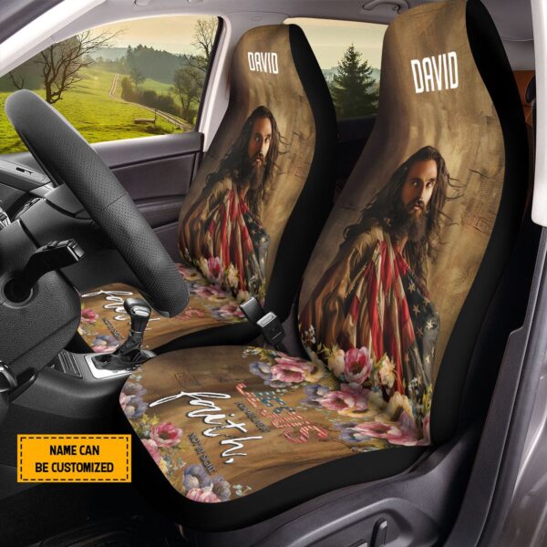 Personalized Jesus flower American Flag Car Seat Cover, For We Live By Faith Not By Sight Front Protectors, Car Decor, 4th Of July Gift