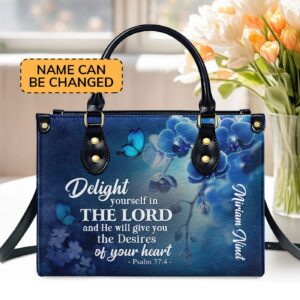 Custom Leather Handbag Psalm 37:4 Blue Orchids & Lilac H47