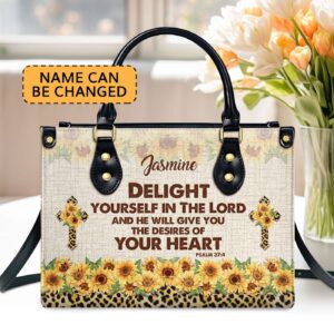 Custom Leather Handbag with Handle - Psalm 37:4 Sunflower & Cross Design