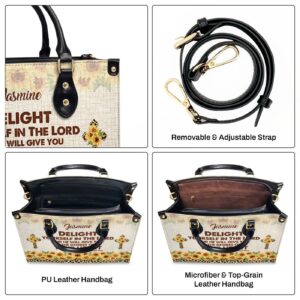 Custom Leather Handbag with Handle - Psalm 37:4 Sunflower & Cross Design 1