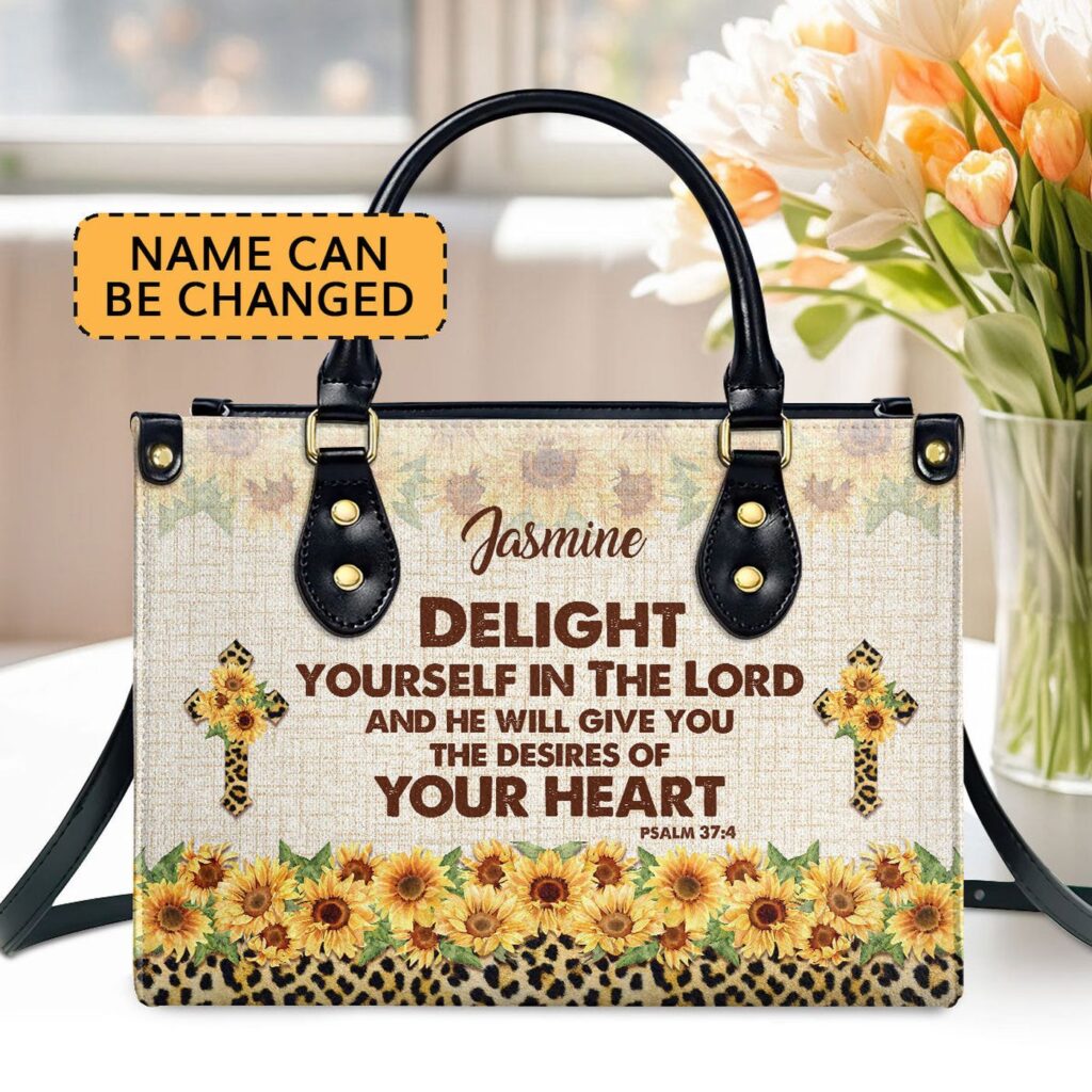 Custom Leather Handbag With Handle Psalm 37:4 Sunflower Cross Design Custom Leather Handbag With Handle Psalm 37:4 Sunflower Cross Design