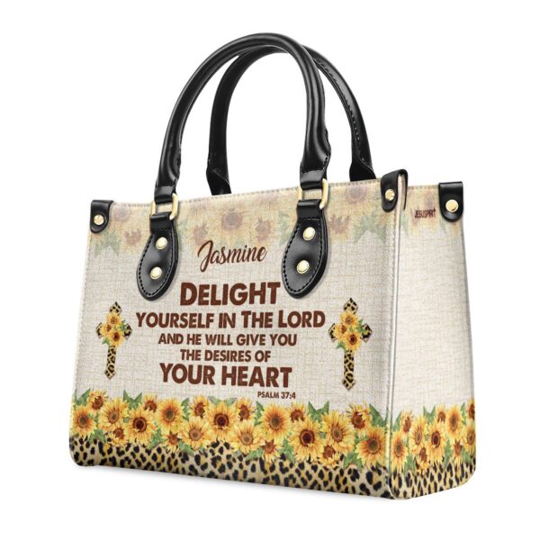 Custom Leather Handbag With Handle Psalm 37:4 Sunflower Cross Design
