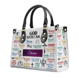 God Says I Am Personalized Leather Handbag for Christian Women Scripture Gifts with Handle 1