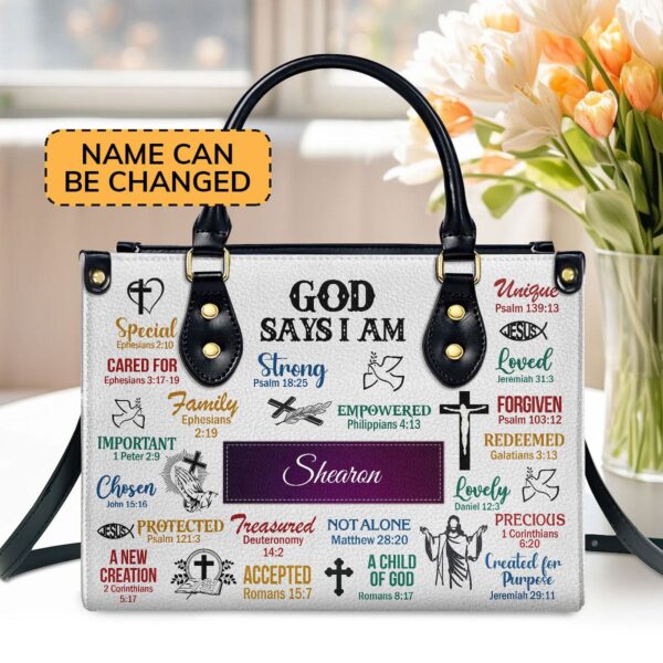 God Says I Am Personalized Leather Handbag for Christian Women Scripture Gifts with Handle