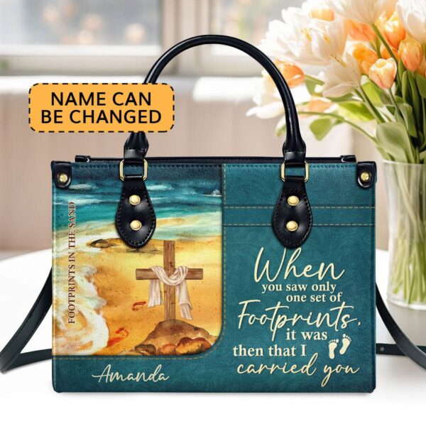 Footprints In The Sand Leather Handbag – Personalized Gift for Christian Ladies with Long Strap