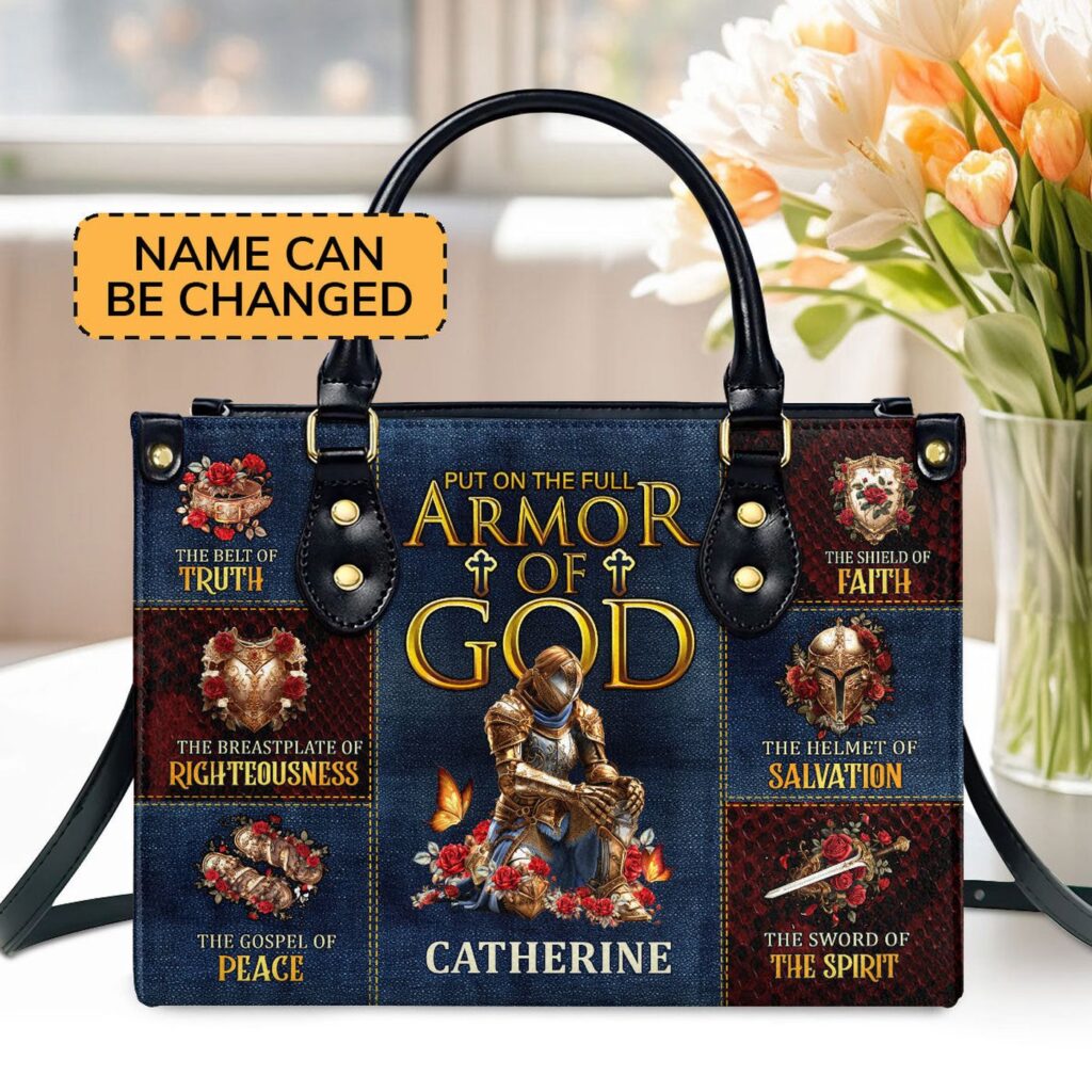 Custom Leather Handbag with Zipper Armor of God Gift – Personalized Stylish Accessory