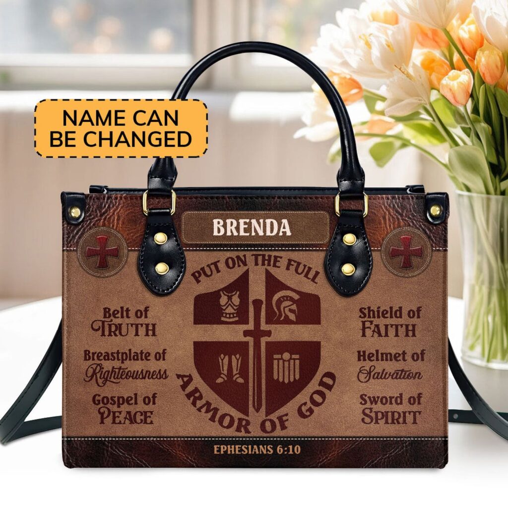 Custom Leather Handbag with Zipper Armor of God Gift – Personalize Your Style Custom Leather Handbag with Zipper Armor of God Gift – Personalize Your Style
