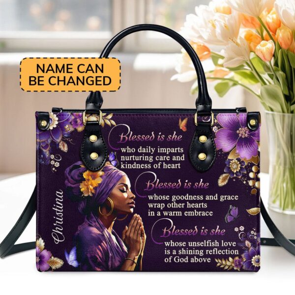 Custom Leather Handbag with Zipper Blessed Is She Gift – Personalized Women s Purse