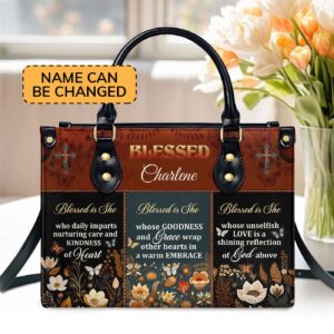 Custom Leather Zipper Handbag Blessed Is She Personalized Gift