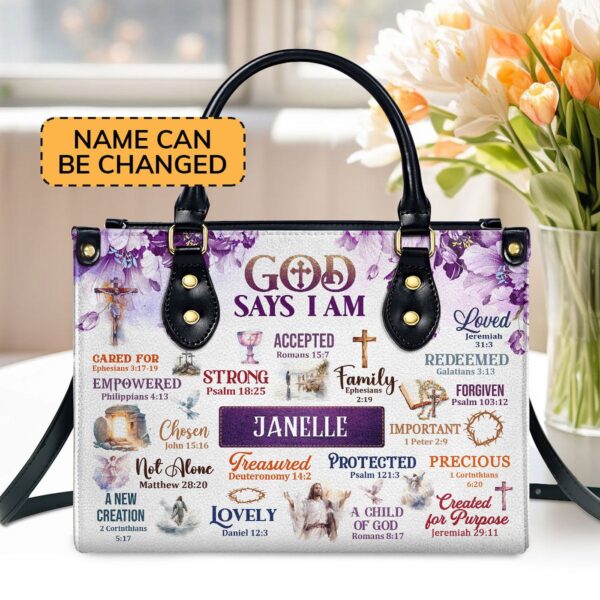 God Says I Am Gift: Personalized Leather Handbag with Zipper